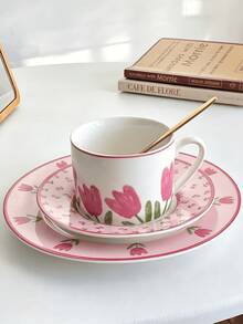 1pc Gentle Pink Tulip Ceramic Coffee Cup & Saucer Set, Ins Korean French Retro Style, Full Of Girly Charm And High-End Quality. Delicate Tulip Print, Fine Glazed Texture, Exquisite Cup And Saucer Combination With High Appearance. Suitable For Afternoon Tea, Latte, Water Cup, Home Or Cafe Use, Creates Atmospheric Ambiance, Great For Photography, Practical And Elegant, Adds Ritual Sense To Daily Drinking. - Multicolor - View 2