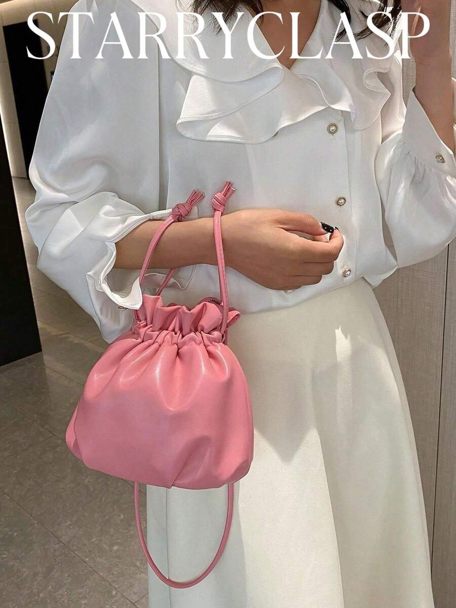 Cute Pink Ruched Drawstring Bucket Bag, Soft Cloud-Like Texture Mini Drawstring Pouch, Versatile Casual & Date Daily Wear Shoulder/Crossbody Bag For Girls - Pink - View 1