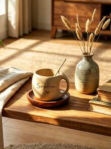 Personalized Ceramic Coffee Cup And Mug Set With Wooden Coaster And Metal Spoon, Handmade Coarse Pottery Design, Custom Travel Mug Gift For Friends - Multicolor - View 3