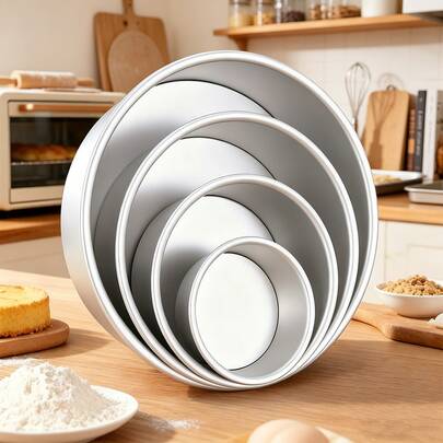 1pc/5pcs Round Cake Mold, Taller & Thicker, Non-Stick Aluminum Material, Detachable Bottom, Suitable For Baking Cakes, Dumplings And Desserts - Ideal For Family Gatherings, Parties And Layered Snacks/Desserts Serving | Smooth Pie Dish, Baking Accessory