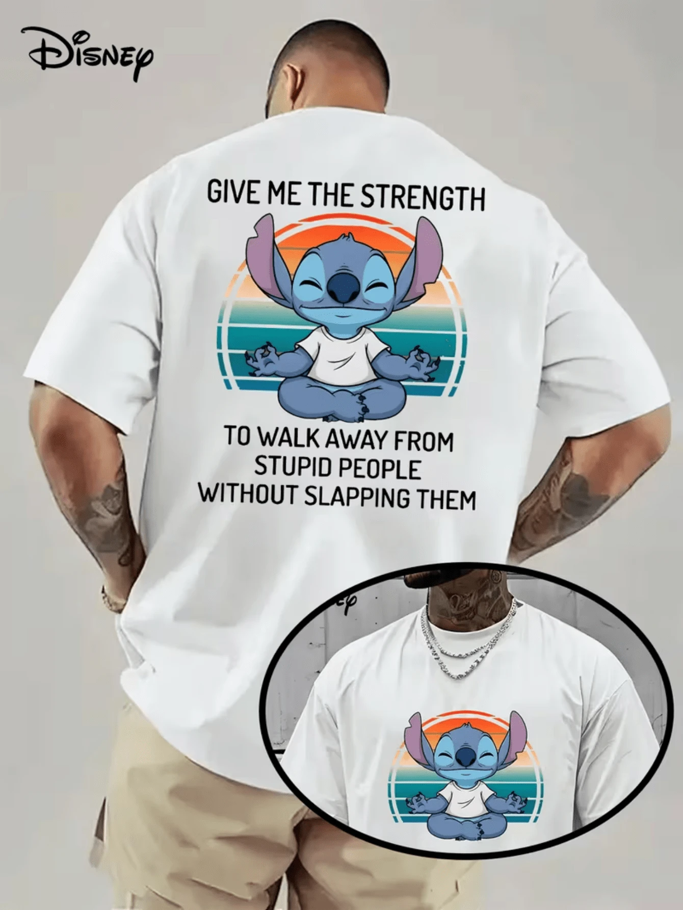 (Disney Licensed)Disney Lilo & Stitch Men's T-Shirt, "Give Me The Strength" Zen Stitch Graphic Tee, Oversized Crew Neck Short Sleeve Casual Streetwear T-Shirt, Meditating Stitch With Sunset Background Print Men's Summer Top, Disney Officially Authorized Men's Short-Sleeved T-Shirts, Mens Clothes, Men, Ropa De Hombre, Summer Clothes, Men Shirts, Graphic Tees, Disney Outfits Men, Graphic Tees, Camisetas Para Hombre, Camisas Para Hombre, Summer Outfits For Men, Father's Day Gift, Perfect Gift For Family And Friends, Which Are Necessary For Birthday Parties, Disney Shirts, Mens Clothes, Summer Clothes, Officially Licensed Disney T-Shirts, Disney Men's And Women's Spring/Summer Fashion Casual Short-Sleeve T-Shirts - White - View 1