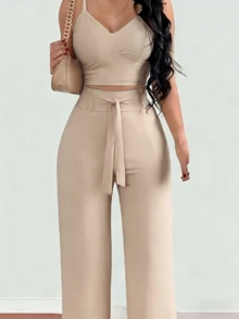 Women's High Waist Wide Leg Trousers & Camisole 2 Piece Set - Solid Color Slim Fit Smocked Back Summer Outfits - 米色 - 查看 2