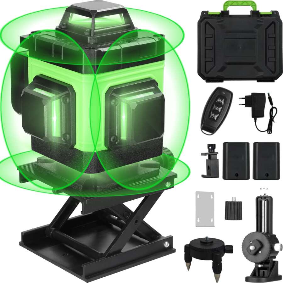 16 Lines 4D 360° Green Cross Wire Self-Leveling Laser Level With 360° Rotating Base, 2 Batteries, 1/4 Inch To 5/8 Inch Adapter, Remote Control, Tool Box And Accessories - Black - View 1