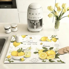 1pc Lemon Print Sink Drain Mat Drying Mat, Super Absorbent, Countertop Table Decoration, Spring Summer Floral And Lemon Drain Mat, Washable Foldable Super Absorbent, Keeps Counters Clean And Tidy, Quick Dry, Anti-Mold - FULSD254 - View 3