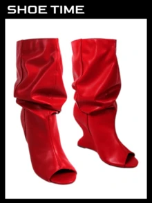 Women's Slouch Mid Calf Peep Toe Wedge Boots Fashion Ruched Pull On Dress Booties - Red - View 4