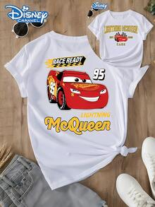 Women's Casual Lightning McQueen Disney Cartoon Print Cotton Tee, Short Sleeve Round Neck Regular Fit T-Shirt, Summer Top For Disney Fans - trắng - Xem 1