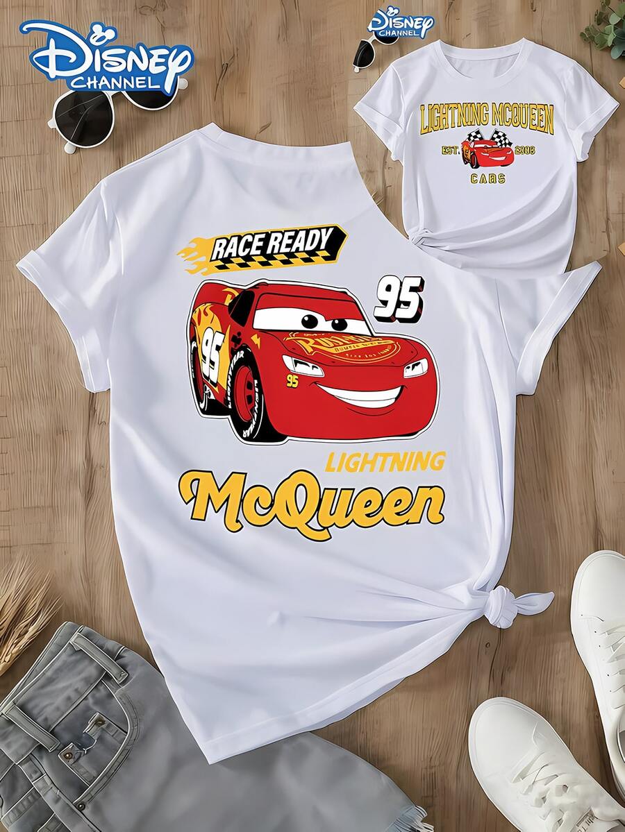 Women's Casual Lightning McQueen Disney Cartoon Print Cotton Tee, Short Sleeve Round Neck Regular Fit T-Shirt, Summer Top For Disney Fans - trắng - Xem 1