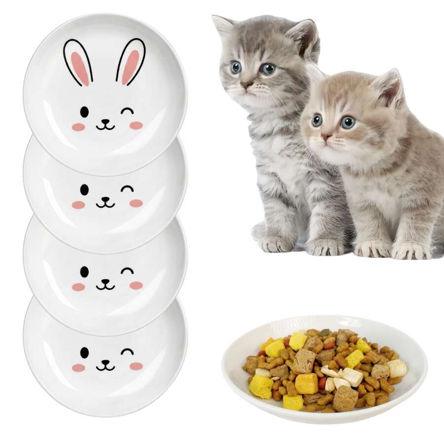 4pcs Ceramic Cat Feeding Bowl Set, Rabbit Pattern Ceramic Feeding Bowl, Multi-Piece Ceramic Cat Feeding Bowl, Wide Shallow Bowl Rim Whisker Friendly, Suitable For Multi-Cat Households, Suitable For Cats And Small Dogs, Microwave And Dishwasher - 1L - View 1