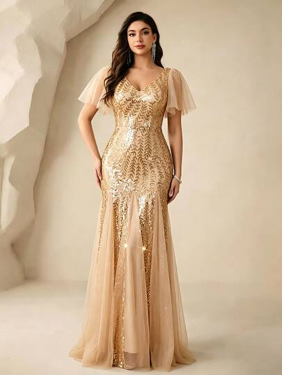 Women's Elegant V-Neck Ruffle Sleeve Mesh & Sequin Patchwork Formal Evening Party Dress Wedding Spring