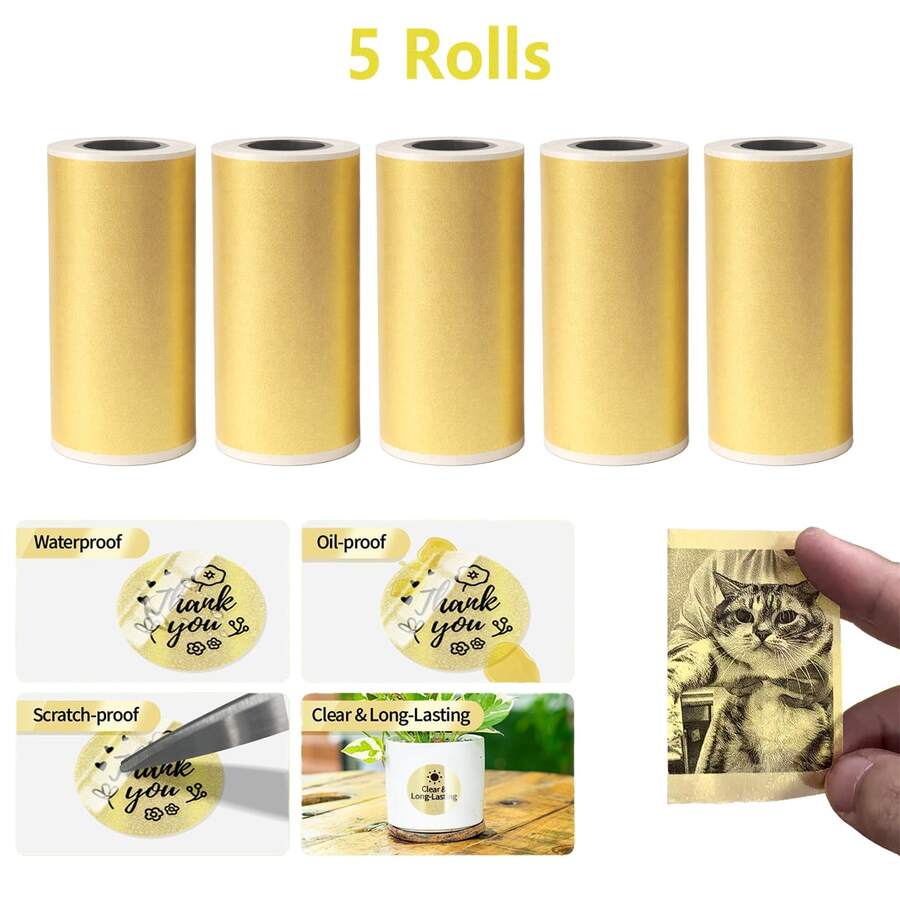 Giấy in nhãn nhiệt tự dính màu vàng và trong suốt, tương thích với máy in bỏ túi mini Phomemo M02/M02 Pro/M02S/M03/M03AS/M04S/P2S, giấy in nhãn chống thấm nước.