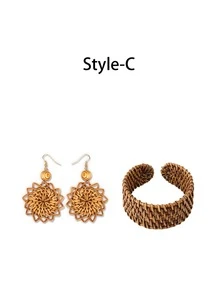 1/2pcs Set Women Summer Handmade Woven Rattan Earrings And Bracelet Set, Circular Pendant Earrings With Matching Bangle - Multicolor - View 17