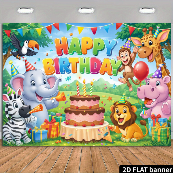 2D Flat Jungle Animal Theme Birthday Party Backdrop, Includes Elephant, Zebra, Lion, Giraffe, Hippo, Monkey, Toucan, Colorful Birthday Cake, Gifts, Party Hats, Flags, Balloons, Made Of Durable Polyester Material, No Power Needed, Suitable For Indoor/Outdoor Celebration