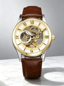 LONGLUX 1pc Men's Hollow Automatic Mechanical Watch, Minimalist Casual Style, PU Leather Strap, Suitable For Daily Wear And Holiday Gift - Multicolor - View 17