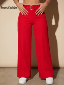 Pantalón de vestir mujer cintura alta pierna ancha stretch crepé casual elegante para oficina reuniones eventos bolsillos pretina elasticada hebilla  sin transparencia , realza la silueta - Rojo - Ver 6