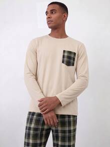Men's Plaid Print Crew Neck Pullover Pajama Set, Lightweight, Casual & Comfortable, Spring/Autumn - Multicolor - View 1