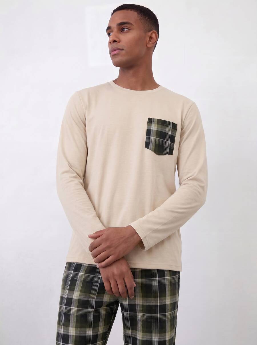 Men's Plaid Print Crew Neck Pullover Pajama Set, Lightweight, Casual & Comfortable, Spring/Autumn - Multicolor - View 1