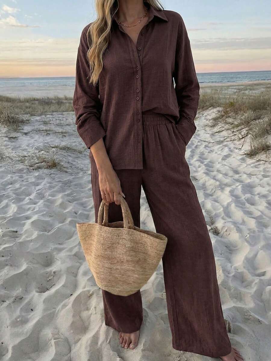 Bộ đồ nữ mùa hè Look Polly gồm áo sơ mi dài tay và quần ống đứng, thích hợp cho hẹn hò, du lịch và tiệc tùng. - màu nâu - Xem 1