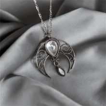 1 pieza Collar con colgante bohemio vintage de luna hueca y piedra preciosa falsa, accesorio de joyería de moda personalizada como regalo para mujer - Plata antigua - Ver 2