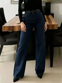 Women's Dark Washed Blue Casual Elegant Straight Leg Jeans With Pockets, Buttons, Zipper And Moderate Stretch Fabric Spring - Dark Wash - View 3