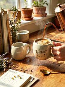 Personalized Ceramic Coffee Cup And Mug Set With Wooden Coaster And Metal Spoon, Handmade Coarse Pottery Design, Custom Travel Mug Gift For Friends - Multicolor - View 11