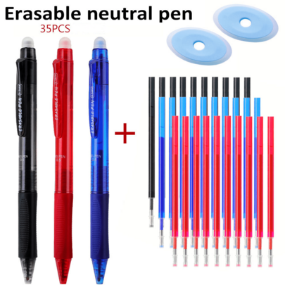 Bộ bút xóa được, trung tính - Bút xóa nhiệt 0.5mm, mực đen, đỏ, xanh dương, viết trơn tru, không để lại vết mực khi viết sai, thích hợp cho học sinh/văn phòng phẩm, đồ dùng văn phòng và dụng cụ viết tinh xảo, văn phòng phẩm thiết yếu (3 bút + 30 ruột bút + 2 cục tẩy)