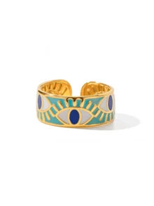 1 Peça Anel Feminino Dourado Banhado a Ouro 18K de Aço Inoxidável, Anel com Formato de Olho no Estilo Ins, Uso Diário, Joias Elegantes de Olho do Diabo, Presente Sofisticado, Estilo Boêmio - Multicolorido - Visão 6