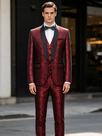 Bộ vest tuxedo 3 món dành cho nam, chất liệu jacquard, gồm áo blazer ve áo choàng và quần tây, thích hợp cho đám cưới/tiệc tùng trang trọng.