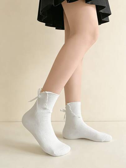 1/3 Pairs Versatile Reversible Bow Decor Mid-Calf Socks, Suitable For All Seasons