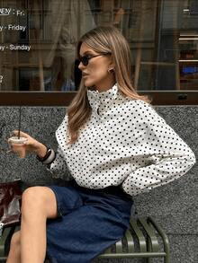 GDDYIN Women's Spring New Drawstring Zipper Polka Dot Stand Collar Casual Jacket White - White - View 4