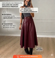 Long Faux Leather Skirt With Belt, Modest Fashion, Midi-Length, Flared, High-Waisted. - màu đen - Xem 3