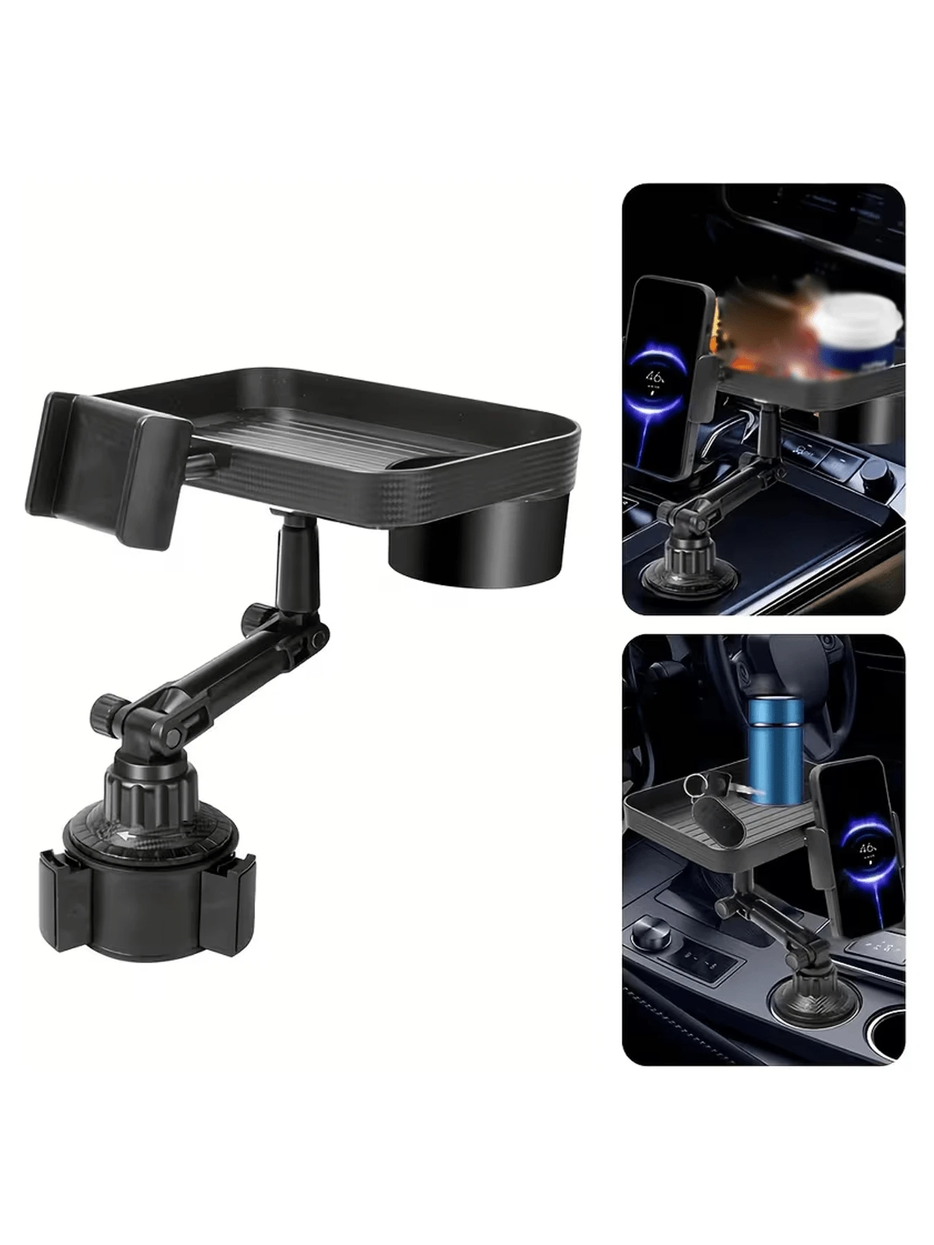 Khay đựng cốc 2 trong 1 cho ô tô kèm giá đỡ điện thoại, khay đựng thức ăn và đồ uống có thể điều chỉnh, dụng cụ sắp xếp nội thất ô tô đa năng.