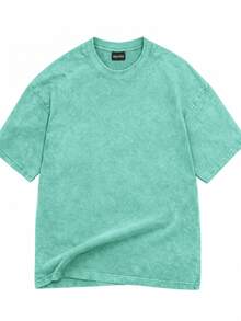 Men's 2PCS BUUTIAN Vintage Wash Solid Color T-Shirt & Denim Shorts Set, Multiple Color Combinations Available, Oversized Streetwear Casual Summer Joggermate Outfit, 90s Retro Casual Loungewear - Xanh lam + Đen - Xem 4
