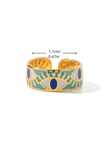 1 Peça Anel Feminino Dourado Banhado a Ouro 18K de Aço Inoxidável, Anel com Formato de Olho no Estilo Ins, Uso Diário, Joias Elegantes de Olho do Diabo, Presente Sofisticado, Estilo Boêmio - Multicolorido - Visão 5