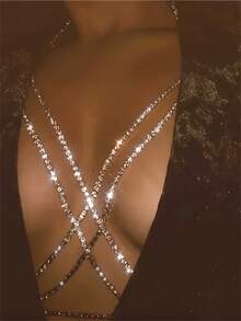 1pc Sexy Sparkling Crystal Body Chain, Beach Party Bikini Body Chain, Fashionable Jewelry Accessory For Women - Silver - View 1