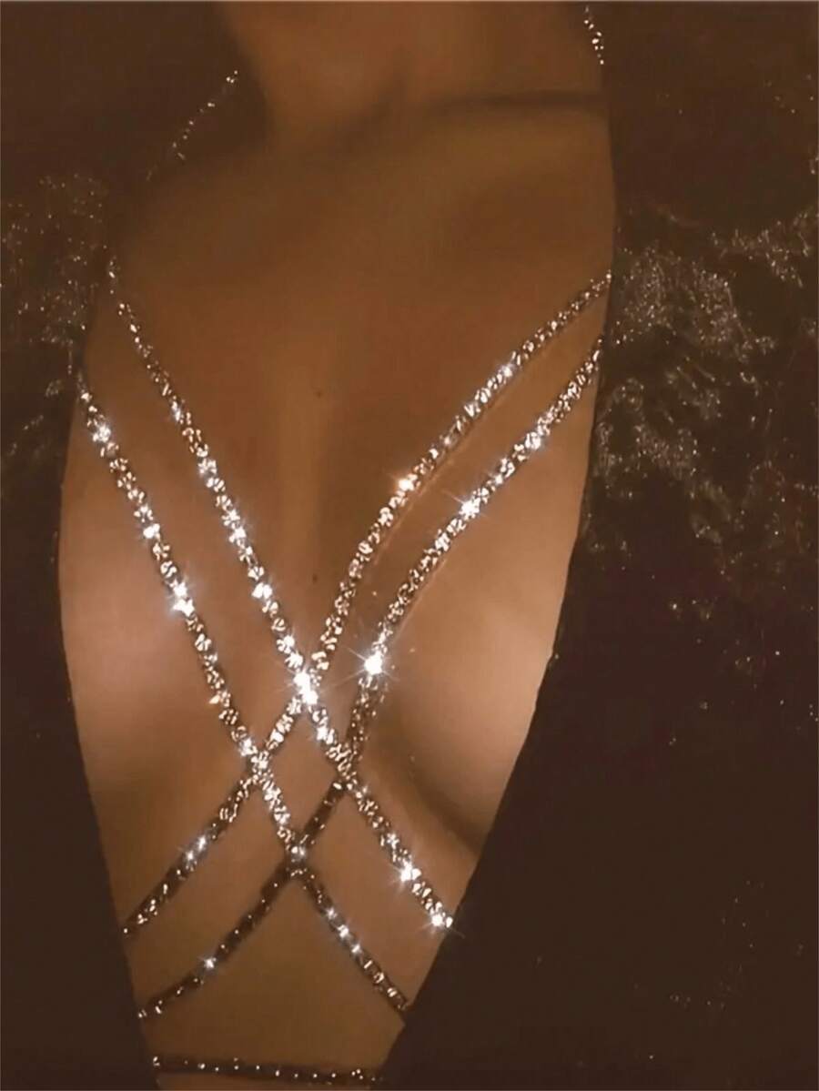 1pc Sexy Sparkling Crystal Body Chain, Beach Party Bikini Body Chain, Fashionable Jewelry Accessory For Women - Silver - View 1