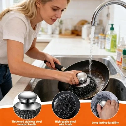 Juego de 1 pieza: 1 cepillo de limpieza con almohadilla de repuesto, cepillo de lavado de cocina, con mango largo y bola de lijado de acero inoxidable reemplazable, mango antideslizante, cepillo de lavado resistente, adecuado para eliminar aceite, grasa y comida quemada, muy adecuado para lavar ollas y sartenes, fregaderos y utensilios de cocina, es una opción ideal para la limpieza del hogar y restaurantes, adecuado para la limpieza diaria de amas de casa y chefs, fácil de reemplazar y almacenar.