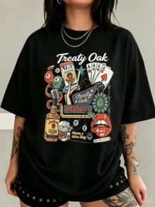 20251 PCS Entertainment "Treaty Oak Revival" Graphic Tee: Featuring Distressed Vintage Finish, Front Bold "TREATY O REV" Letter Print, Back Artistic Collage Of Retro Entertainment Elements (Playing Cards, Billiards, Jim Beam Bourbon Bottle, Microphone, "Have A Nice Day" Accent), Crafted From Breathable 100% Cotton, Perfect For Infusing Nostalgic, Fun Vibes Into Outfits During Casual Gatherings, Music Events, Or Daily Wear, Men's Round Neck Printed Short Sleeve Casual Everyday T-Shirt, They Are Excellent Gifts For Friends And Family, 100% Cotton T-Shirts Feature, A Youthful And Fashionable Design, Graphic Tees Men, Graphic Tees Women, Cachorro Feliz, Back To School - Đen 2 - Xem 10