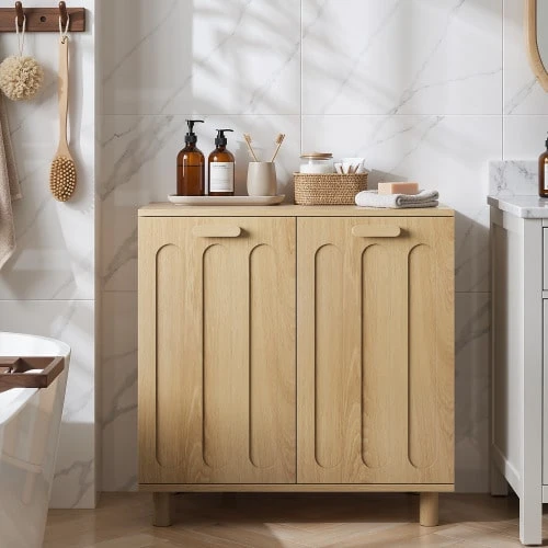Tilting Laundry Basket With Removable Laundry Hamper, Concealed Laundry Basket, Bathroom Laundry Hamper Storage Cabinet, Freestanding Storage Shelf For Home, Oak Color - 紫紅色 - 查看 1