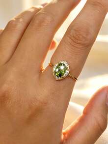 1pc S925 Sterling Silver Vintage Delicate Synthetic Zirconia Olive Green Geometric Ring, Elegant & Charming Daily/Party Wear Bohemian Quality Jewelry For Women - Yellow Gold - View 12