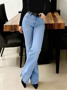 Quần jeans nữ ống đứng màu xanh nhạt, kiểu dáng thanh lịch, có túi, cúc, khóa kéo và chất liệu co giãn vừa phải, thích hợp cho mùa xuân. - Rửa nhẹ - Xem 3