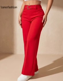Pantalón de vestir mujer cintura alta pierna ancha stretch crepé casual elegante para oficina reuniones eventos bolsillos pretina elasticada hebilla  sin transparencia , realza la silueta - Rojo - Ver 4