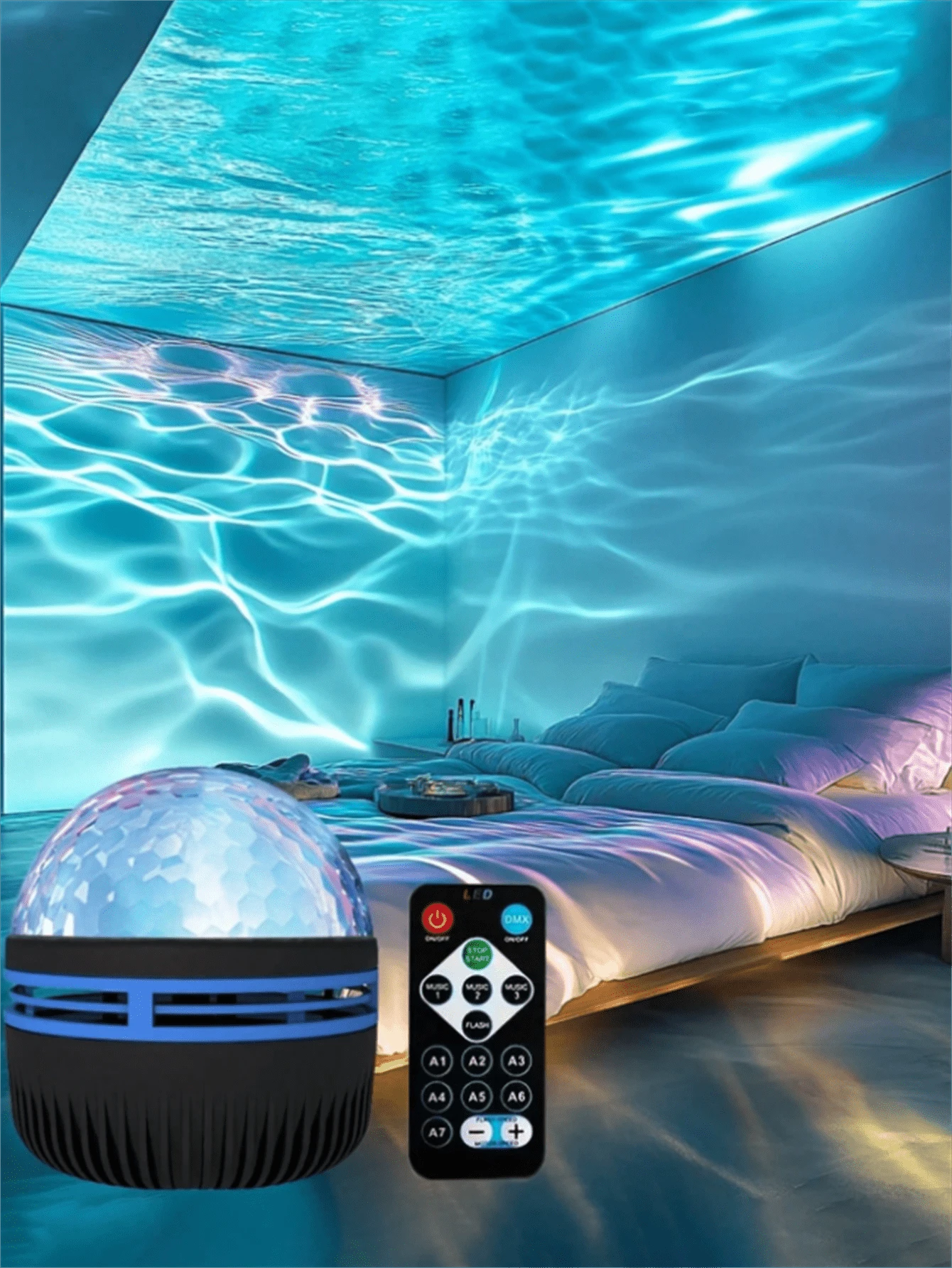 Proyector de luz de onda con control remoto alimentado por USB - Cambio de color, regulable, ideal para dormitorio, boda, Navidad y decoración de Halloween