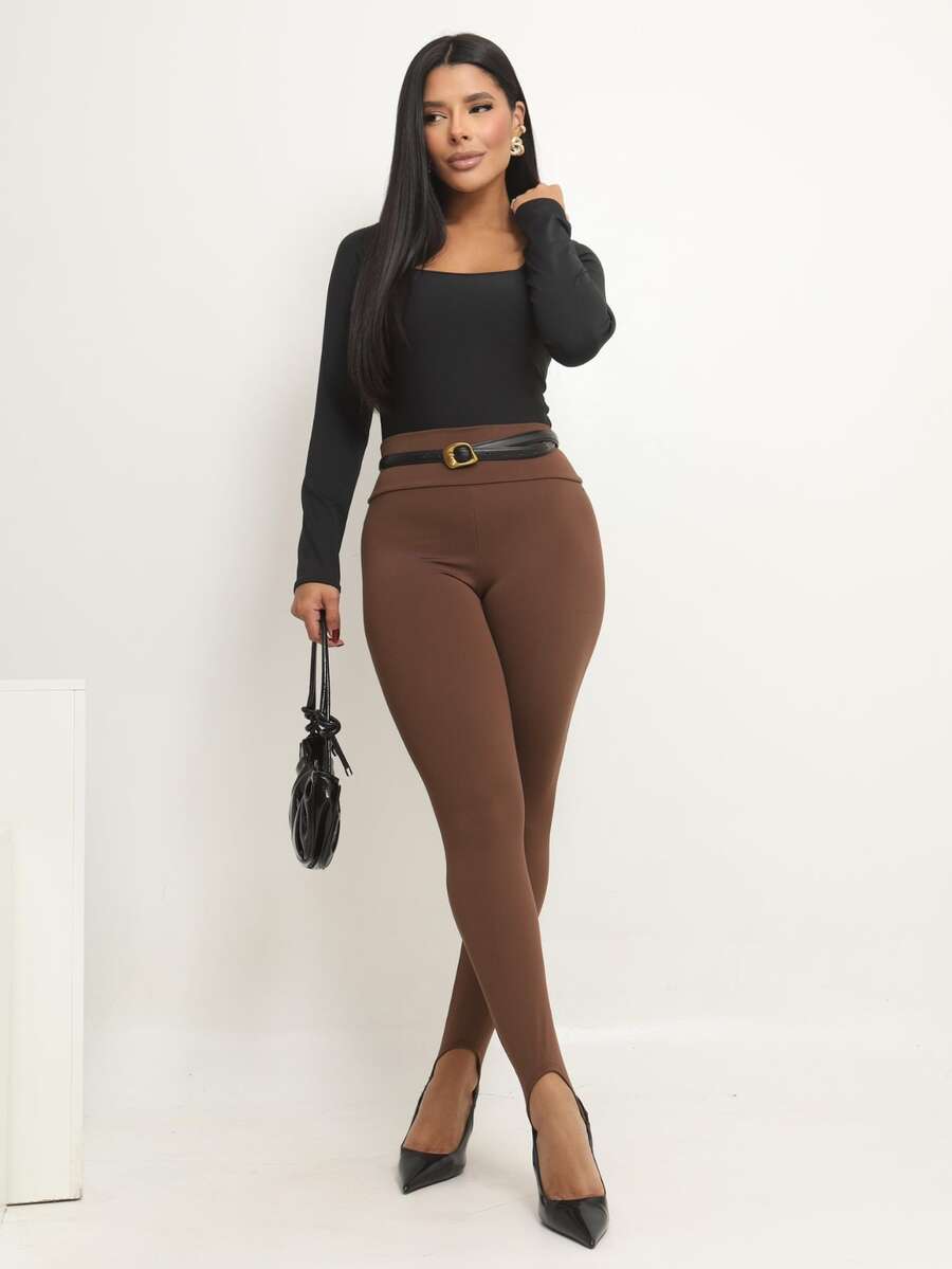 Women's Leggings With Footed Detail, Lined, High-Waisted, Chic, Zero Transparency - Coffee Brown - View 1