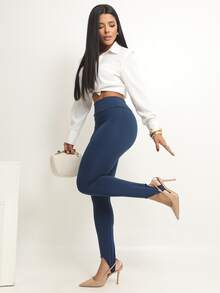 Women's Leggings With Footed Detail, Lined, High-Waisted, Chic, Zero Transparency - Blue - View 5
