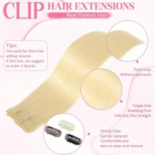 Clip In Hair Extensions Real Human Hair,#613 Bleach Blonde, Clip In Brazilian Remy Human Hair Extensions 8pcs Per Set With 18 Clips Double Weft 16-28Inch - S613 - 查看 2