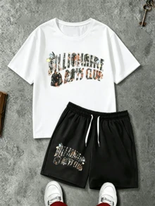Men's Two-Piece White Summer Set, American Street Style Camouflage Letter Print Crew Neck Short-Sleeved Shirt And Shorts, Loose Fit, Comfortable And Breathable, Suitable For Daily Outings And Light Sports Activities. - 白色 - 查看 1