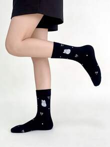 1/5 Pairs Cute Dog & Cat Design Comfortable Mid-Calf Socks, Suitable For All Seasons - Multicolor - View 7