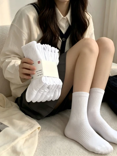 10双装男士纯白袜子，美式加厚吸汗透气中筒袜，适合日常穿着和跑步运动，男女通用