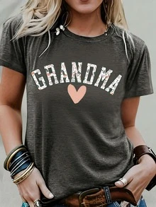 Plus Size Casual Grandma Heart Print T-Shirt, Short Sleeve Round Neck Tee With Special Effect Printing For Summer Parties - Grey - View 3