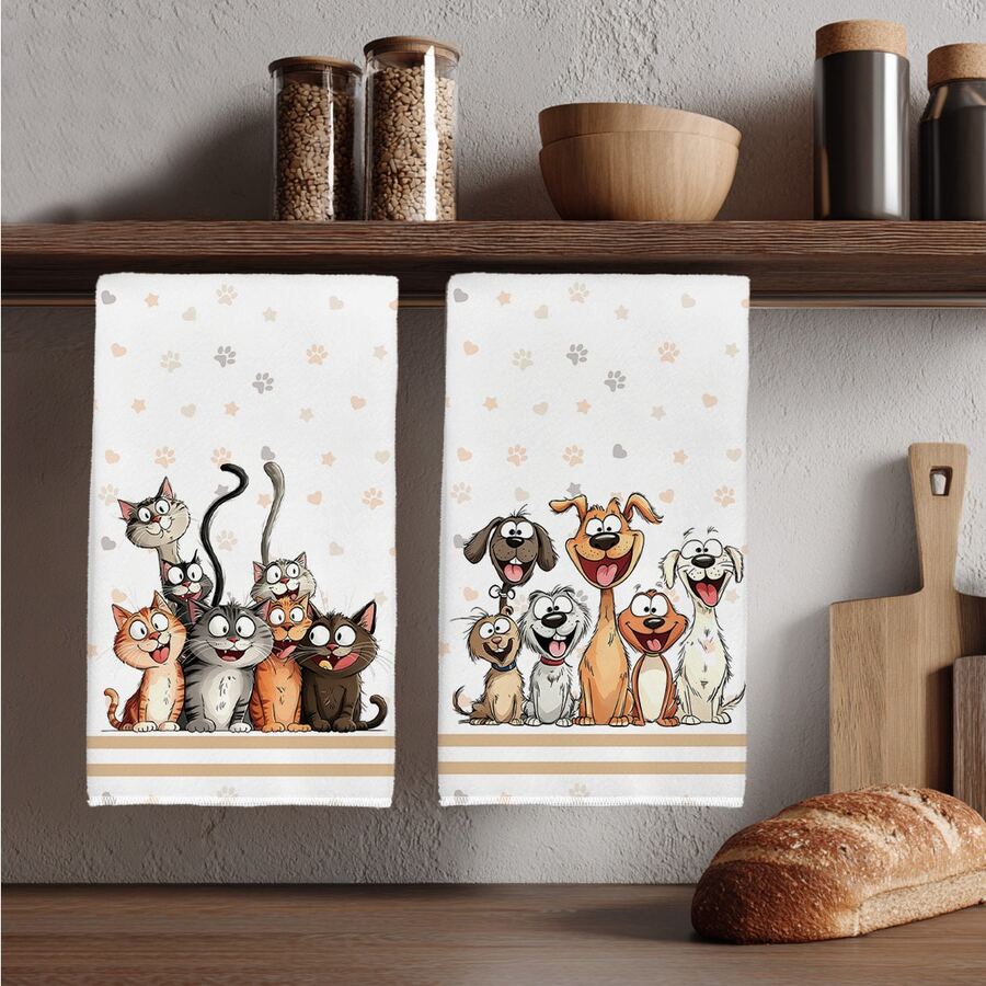 2 buah Handuk Dapur Motif Kartun Kucing & Anjing Lucu, Kain Lap Piring Bahan Poliester Lembut, Cocok untuk Dekorasi Dapur, Pembersihan, Dekorasi Pesta Liburan, Perlengkapan Dapur & Kamar Mandi, Dekorasi Rumah, Hadiah Pesta Rumah Baru - MultiWarna - View 1